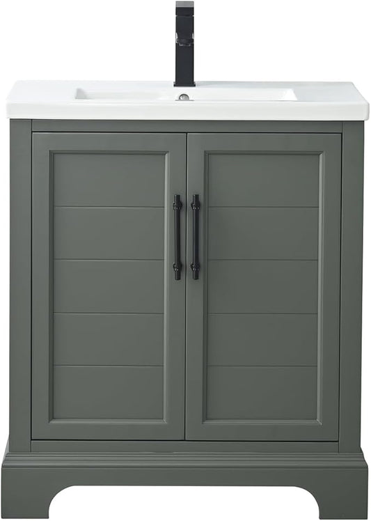 HOMEBEYOND 30 Inch Bathroom Vanity with Single Sink & Ceramic Top, Vanity Cabinet with Center Countertop Basin, Soft-Closing Doors, Vintage Green