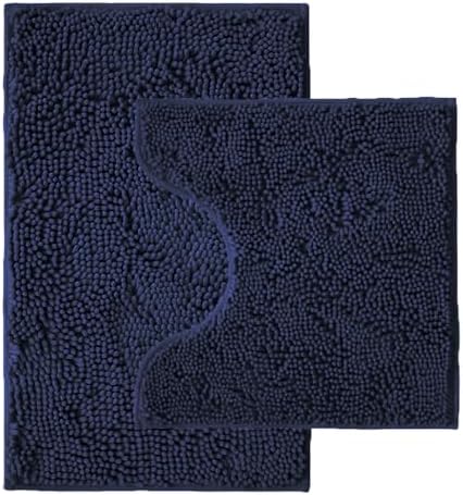 Bathroom Rugs Sets 2 Piece,Super Absorbent Chenille Bath Mats and U-Shaped Toilet Rug,Strong PVC Non Slip Backing,Microfiber Washable Dry Quickly Bath Mats for Bathroom(20"x32"+20"x20"U,Navy Blue)