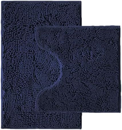 Bathroom Rugs Sets 2 Piece,Super Absorbent Chenille Bath Mats and U-Shaped Toilet Rug,Strong PVC Non Slip Backing,Microfiber Washable Dry Quickly Bath Mats for Bathroom(20"x32"+20"x20"U,Navy Blue)