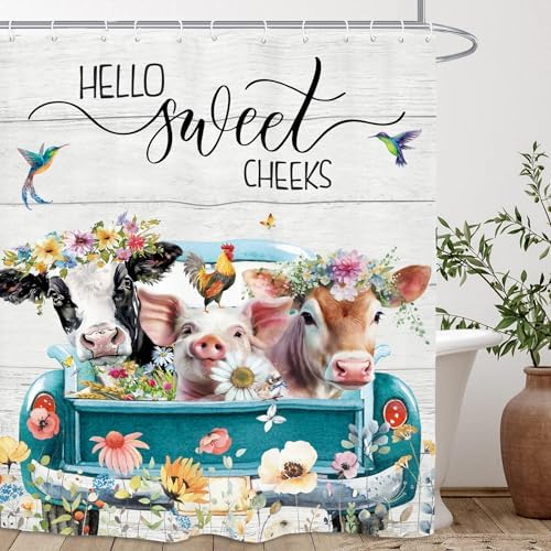 Funny Farmhouse Rustic Animal Shower Curtain 60Wx72L Inch Cow Pig Farm Teal Truck Flower Country Western Bathroom Set Accessories Decor with 12 Pack Hooks