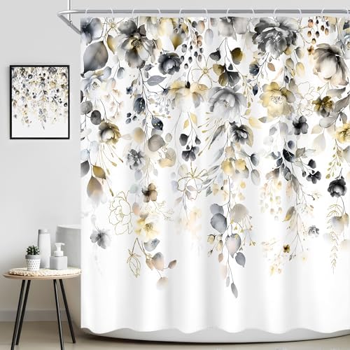 Yellow Grey Floral Gray Pastel Rustic Bathroom Shower Curtain Set
