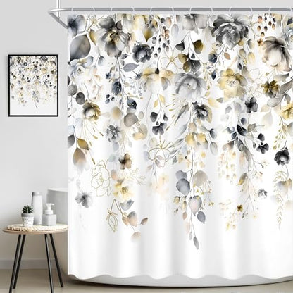 Yellow Grey Floral Gray Pastel Rustic Bathroom Shower Curtain Set