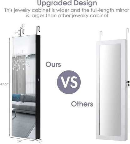Byroce 47.5''H Jewelry Armoire, Over the Door/Wall Mounted, Full Length Mirror with Jewelry Storage, 2-LED Lockable Jewelry Cabinet with 2 Drawers, Hanging Jewelry Organizer for Bedroom (Black)