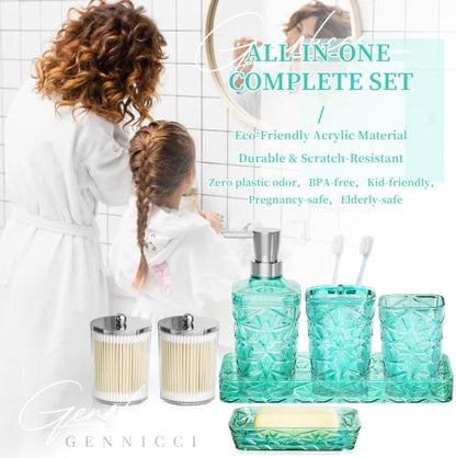Bathroom Accessories Set, 7 Pcs Teal Bathroom Set, Acrylic Soap Dispenser and Toothbrush Holder Set, Qtip Holder Set, Bathroom Sink Set, Gift for Home Apartment
