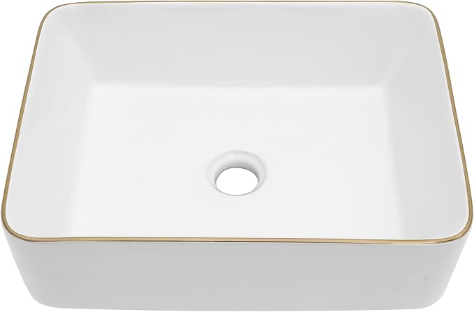 Dcolora Vessel Sink Rectangular 19"x15" White Vessel Sink with Gold Rim Ceramic Porcelain Rectangle Bathroom Sink Above Counter Vanity Sink Basin