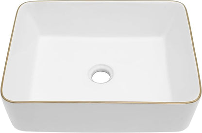 Dcolora Vessel Sink Rectangular 19"x15" White Vessel Sink with Gold Rim Ceramic Porcelain Rectangle Bathroom Sink Above Counter Vanity Sink Basin