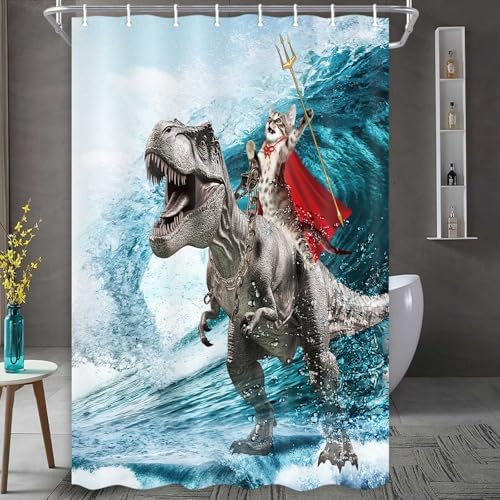 Funny Cat Shower Curtain, Cool Cat Dinosaur Japanese Ocean Wave Shower Curtain, Cat Riding Dinosaur Fun Shower Curtain Nautical Kids Children Rustic Wooden Farmhouse Shower Curtain, 36X72inch, Blue