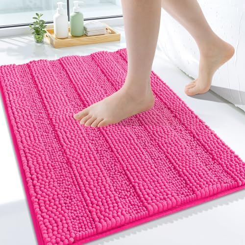 Grandaily Chenille Striped Bathroom Rugs 24x16, Extra Thick and Absorbent Bath Mats, Non-Slip Soft Plush Shaggy Shower Carpet, Machine Wash Dry, Bath Rug for Bathroom, (Small, Deep Pink)