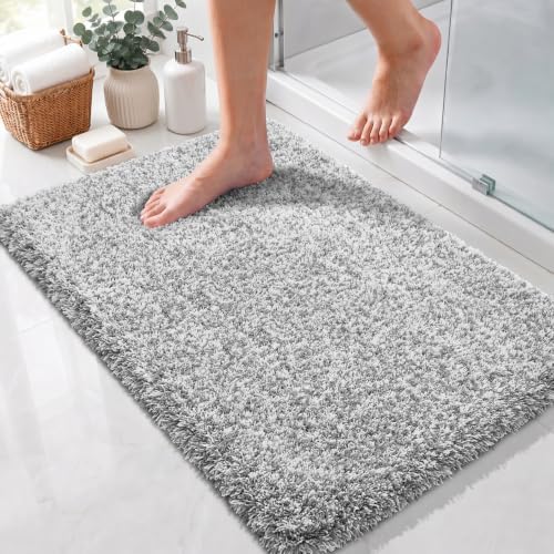 Yimobra Bathroom Rugs Non Slip Washable 32X20, Ultra Soft and Water Absorbent Bath Mats, Plush Fluffy Shower Mat Outside, Microfiber Thick Matts for Bathroom Floor/Tub, Light Gray and White