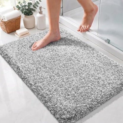 Yimobra Bathroom Rugs Non Slip Washable 32X20, Ultra Soft and Water Absorbent Bath Mats, Plush Fluffy Shower Mat Outside, Microfiber Thick Matts for Bathroom Floor/Tub, Light Gray and White