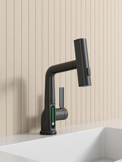 Bathroom Single Handle Basin Sink Pull Out Faucet with Rainfall Spray Head Temperature Digital Display Vanity Mixer Tap Matte Black