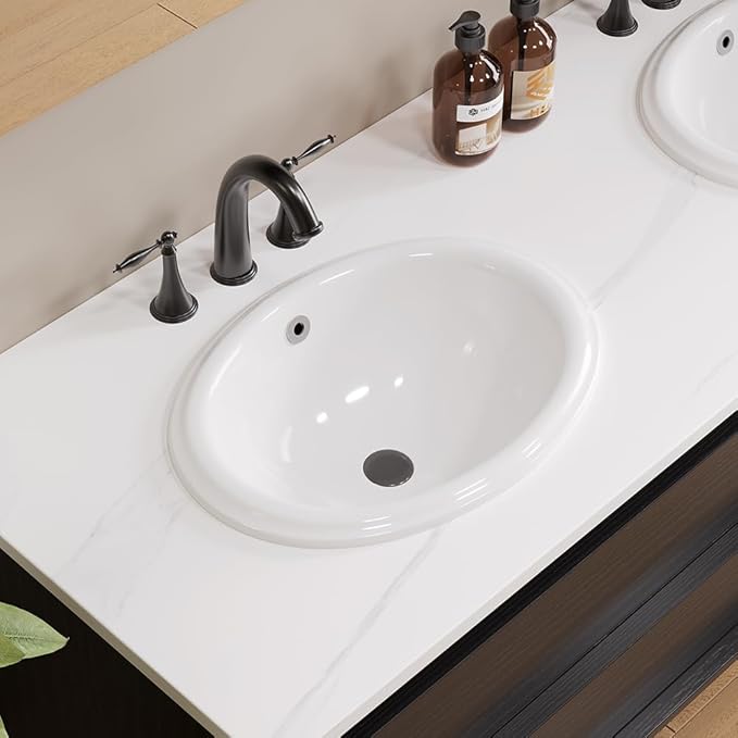 Bathroom Oval Vessel Sink 16" x 12" Small Semi Recessed Sink White Ceramic Sink with Overflow Modern Sinks Bowl Vanity Above Counter Basin