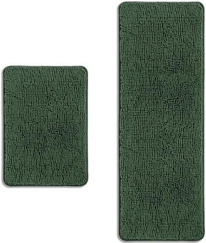 Bathroom Rugs Sets 2 Piece – Absorbent and Washable Bath Mat, Non-Slip, Thick Soft Chenille Bath Rugs for Bathroom Floor, Shower, Sink(17" x 24"+17" x 47", Hunter Green)
