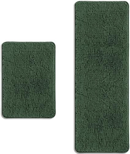 Bathroom Rugs Sets 2 Piece – Absorbent and Washable Bath Mat, Non-Slip, Thick Soft Chenille Bath Rugs for Bathroom Floor, Shower, Sink(17" x 24"+17" x 47", Hunter Green)