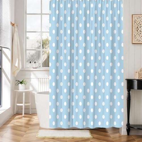 Polka Dot Shower Curtain Light Blue White Retro Spot Vintage Fabric Decorative Bathroom Curtains with Hooks,70" Wx70 H