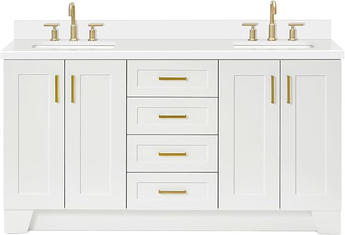 ARIEL Taylor 66-inch Bathroom Vanity with Sink,Solid Wood, 1.5-inch Pure White Quartz Countertop & Backsplash, Double Oval Porcelain Sink, 4 Soft Closing Doors, 5 Dovetail Drawers, Satin Brass, White