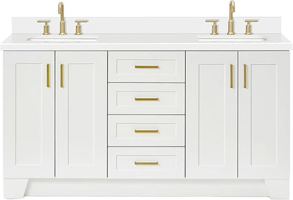 ARIEL Taylor 66-inch Bathroom Vanity with Sink,Solid Wood, 1.5-inch Pure White Quartz Countertop & Backsplash, Double Oval Porcelain Sink, 4 Soft Closing Doors, 5 Dovetail Drawers, Satin Brass, White