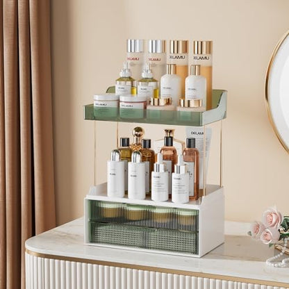 Delamu 4-Tier Makeup Organizer, Bathroom Counter Storage, 2 Drawers,Green