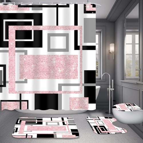 Yddsky 4 Pcs Pink Geometric Shower Curtain Set with Rugs Bathroom Set