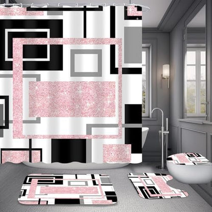 Yddsky 4 Pcs Pink Geometric Shower Curtain Set with Rugs Bathroom Set