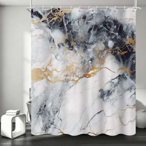Abstract Marble Shower Curtain Modern Charcoal Luxury Gold Ink Texture Gray Ombre Watercolor Bathroom Curtain Set with Hooks Soft and Lightweight Waterproof Fabric Machine Washable 72" Wx84 L