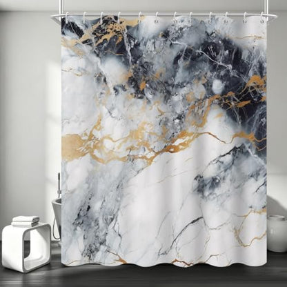 Abstract Marble Shower Curtain Modern Charcoal Luxury Gold Ink Texture Gray Ombre Watercolor Bathroom Curtain Set with Hooks Soft and Lightweight Waterproof Fabric Machine Washable 72" Wx84 L