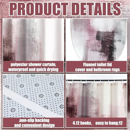 Honoson 8 Pcs Pink and Grey Bathroom Decor Set with Shower Rug and Curtain