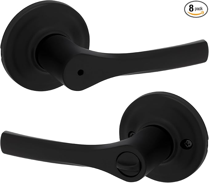 Kwikset Henley Interior Privacy Door Handle with Lock, Door Lever for Bathroom and Bedroom, Matte Black Reversible Keyless Turn Lock, with Microban Protection (Pack of 8)