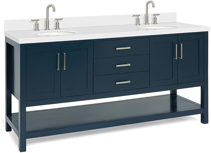 ARIEL Magnolia 72-inch Bathroom Vanity with Sink,Solid Wood, 1.5-inch Pure White Quartz Countertop & Backsplash, Double Oval Porcelain Sink, 4 Soft Closing Doors, 3 Dovetail Drawers, Midnight Blue
