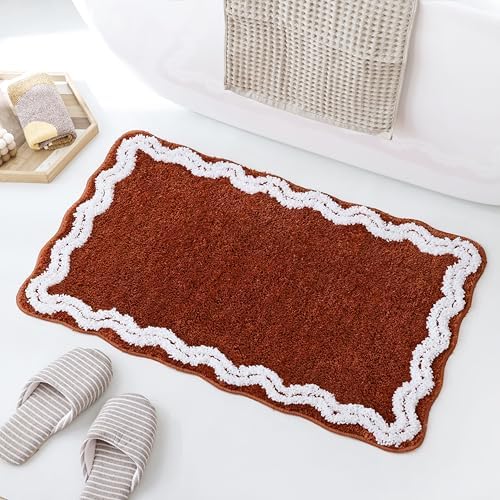TRUEDAYS Terracotta Scalloped Bath Mat - Soft Microfiber Bathroom Rug, Non-Slip Cute Mat for Tub & Shower, Aesthetic Decor for Modern Bathrooms,32x20 Inches