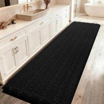 ACCUMTEK Striped Black Bathroom Rug Mat 59"x20" Ultra Soft, Non Slip Chenille Bath Rugs, Absorbent Plush Shaggy Bath Mats for Bathroom, Bedroom, Kitchen, Shower, Tub