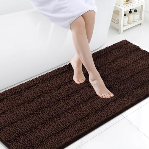 Grandaily Chenille Striped Bathroom Rugs 59x24, Extra Thick and Soft Absorbent Bath Mats, Rubber Backing, Plush Shaggy Shower Carpet, Machine Wash Dry, Bath Rug for Bathroom, Dark Brown