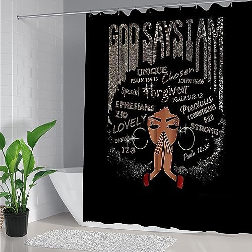 4Pcs Bathroom Shower Curtain Sets, Inspirational Quote Afrcian American Queen Shower Curtains with Rugs Toilet Lid Cover Bath Mat, Praying Black Girl Fabric Home Decorations Bath Mat Sets