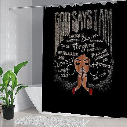 4Pcs Bathroom Shower Curtain Sets, Inspirational Quote Afrcian American Queen Shower Curtains with Rugs Toilet Lid Cover Bath Mat, Praying Black Girl Fabric Home Decorations Bath Mat Sets