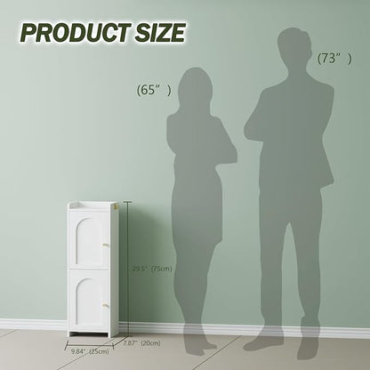 Small Bathroom Storage Cabinet,Corner Floor Cabinet with 2 Doors and Adjustable Shelf, Narrow Toilet Paper Cabinets with 2Hooks,Toilet Organizer for Small Spaces，7.87"D*9.84"W*29.72"H(White)