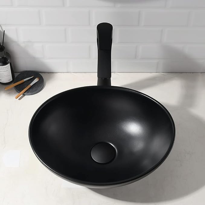 16x13 Matte Black Vessel Sink With Faucet and Drain Combo - Oval Porcelain Ceramic Above Counter Bathroom Sink