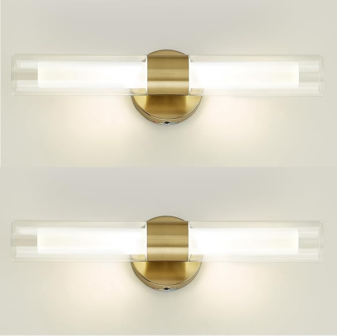 kudos 2-Pack Brushed Gold LED Vanity Lights, Clear and Frosted Glass, 3CCT | 11W,1100 Lumens, 3000K, 4500K and 6000K Selectable, Hardwired, for Bathroom, Bedroom and Over Mirror, KDVL06-GD-2-2PK