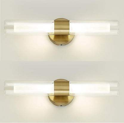 kudos 2-Pack Brushed Gold LED Vanity Lights, Clear and Frosted Glass, 3CCT | 11W,1100 Lumens, 3000K, 4500K and 6000K Selectable, Hardwired, for Bathroom, Bedroom and Over Mirror, KDVL06-GD-2-2PK