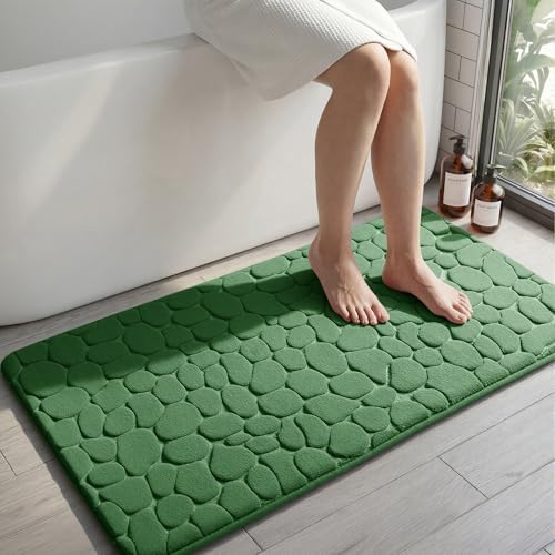 YIHOUSE Memory Foam Bath Mat Cobblestone Bathroom Rugs Super Water Absorbent Bath Mats for Bathroom Machine Washable Bath Rugs(26 x 50,Green)
