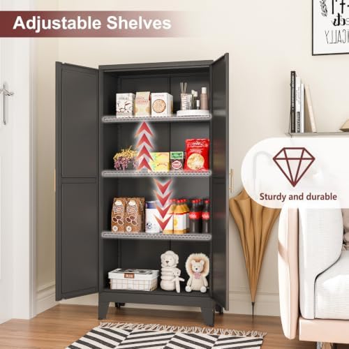 winiowa Metal Pantry Cabinet with 2 Doors and Adjustable Shelves, Kitchen Storage cabinets with Gold Handles, Versatile Storage for Laundry Room,Living Room,Bathroom,Dinning Room-Black