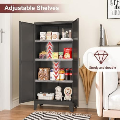 winiowa Metal Pantry Cabinet with 2 Doors and Adjustable Shelves, Kitchen Storage cabinets with Gold Handles, Versatile Storage for Laundry Room,Living Room,Bathroom,Dinning Room-Black