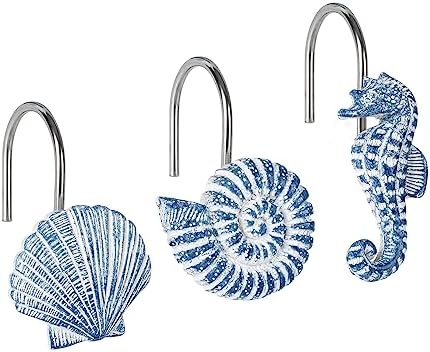 Sunlit Seashells Decorative Shower Curtain Hooks, Sky Blue Ocean Creatures Coastal Shower Curtain Rings, Resin, Nautical Bathroom Decoration Beach Shower Curtain Hooks-12 Pack