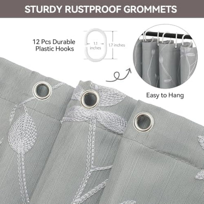 Embroidered Leaf Farmhouse Shower Curtain,Faux Linen,72Wx72L,Grey