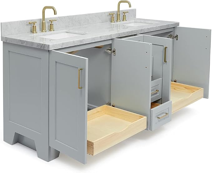 ARIEL Taylor 72-inch Bathroom Vanity with Sink,Solid Wood, 1.5-inch Italian Carrara Marble Countertop & Backsplash, Double Rectangular Porcelain Sink, 4 Soft Closing Doors, 6 Dovetail Drawers, Grey