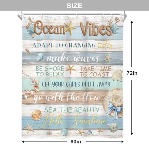 Ocean Seashell Fish Coral Vibes Blue Brown Wood Bathroom Shower Curtain Set