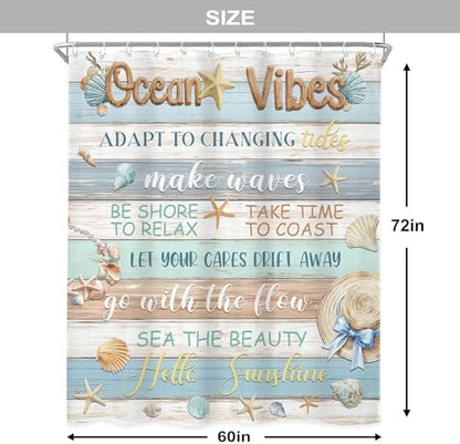 Ocean Seashell Fish Coral Vibes Blue Brown Wood Bathroom Shower Curtain Set