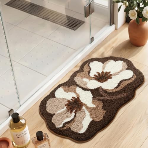 LUMI Flower Bathroom Rug, Absorbent Non Slip Bath Mat, 20x32, Brown Flower