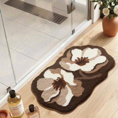 LUMI Flower Bathroom Rug, Absorbent Non Slip Bath Mat, 20x32, Brown Flower