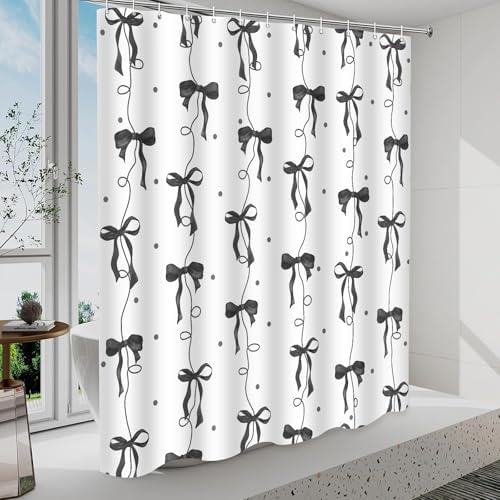 Black Bow Shower Curtain for Bathroom, Teen Girls Theme, 72x72 Inches