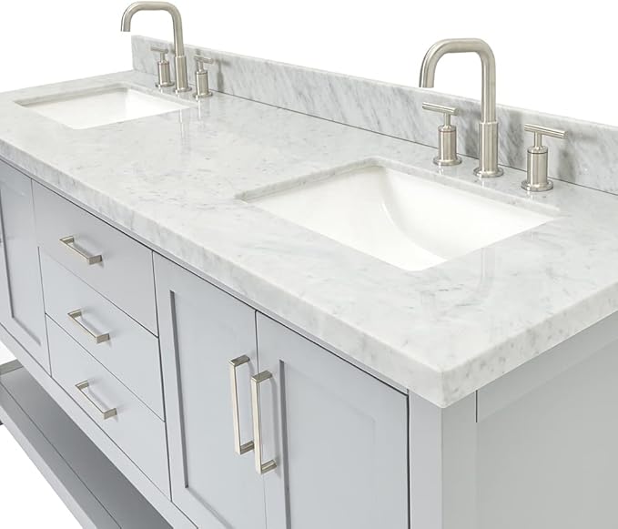 DKB Olivia 72-Inch Grey Double Bathroom Vanity, 1.5-Inch Edge Italian Carrara Marble Countertop & Backsplash, Rectangular Sinks, 4 Soft Closing Doors, 3 Dovetail Drawers, Open Shelf, Brushed Nickel